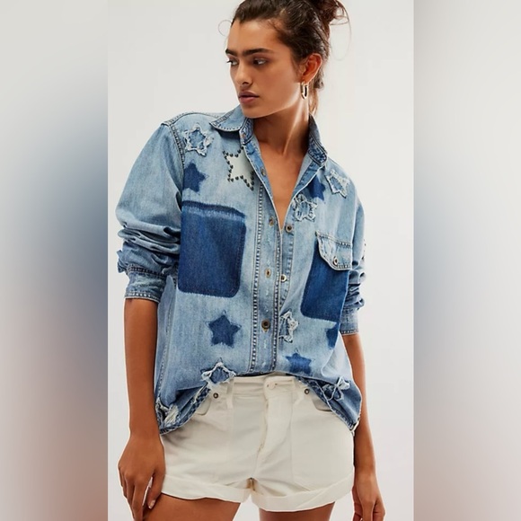 NWT Free People One Teaspoon Everyday Denim Classic Star Shirt XS Johnny Blue - Picture 1 of 10